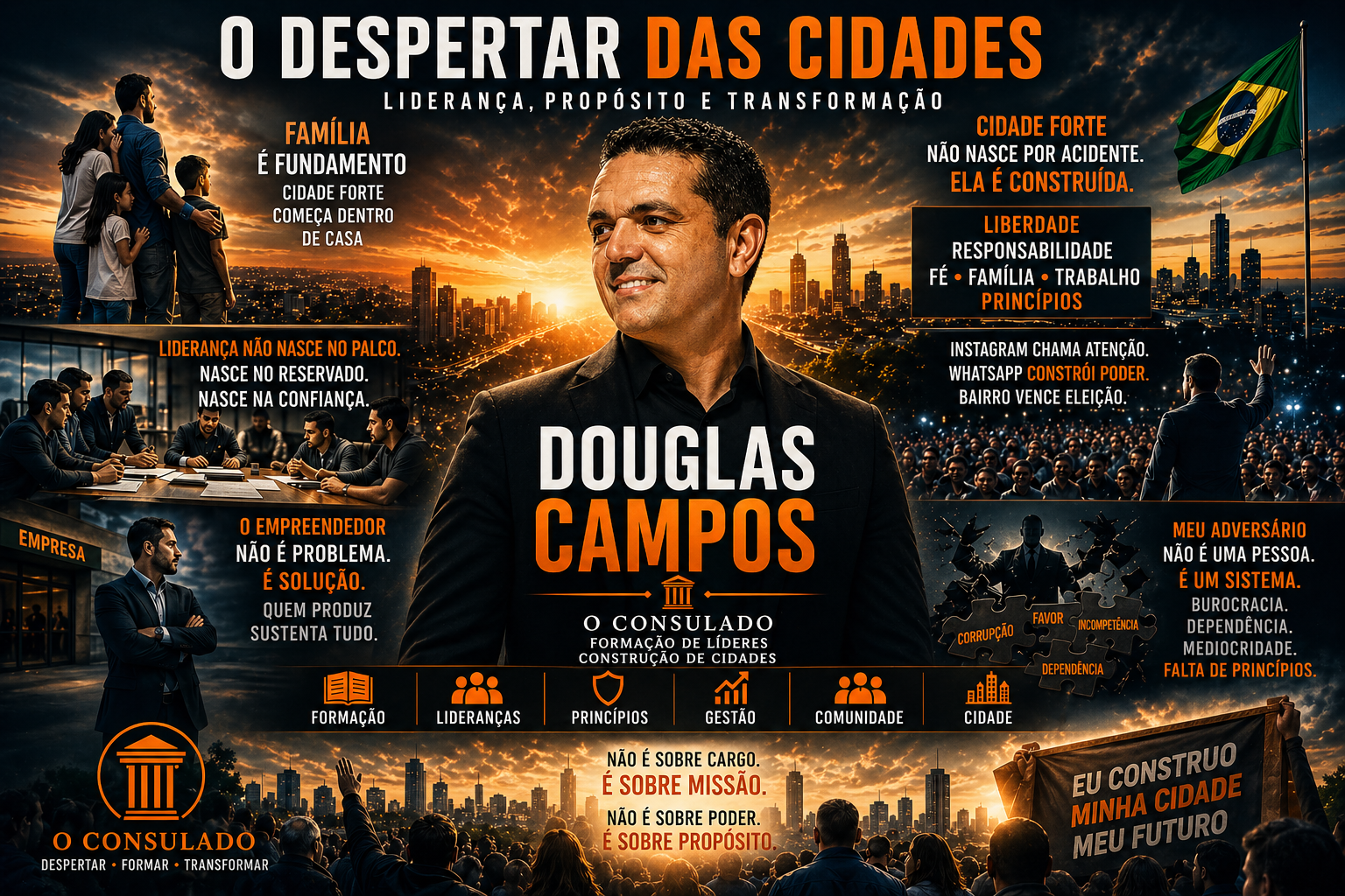 Painel com os pilares da campanha de Douglas Campos: família, liberdade e gestão
